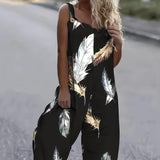 Women’s Feather Print Ruffle Hem Pleated Jumpsuit | Fashionable and Chic