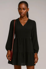 Sifon hosszú ujjú V-nyakú A-vonalú eredeti ruha