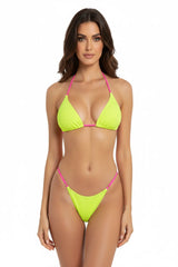 Neon yellow ribbed bikini with pink straps and high-cut design, bold summer swimwear on white background