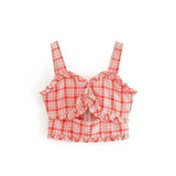 Women's Ruffled Plaid Crop Top-Pink-1