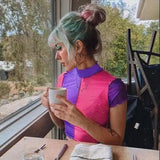 contrast mesh short-sleeved umbilical top-1