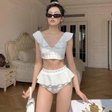 Ruffled Bikini Gathered Backless High Waist Split-White-1