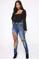 Women's Ripped Blue Jeans-Dark Blue-1