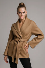 Camel belted trench coat for women – elegant fall outerwear with wide lapels