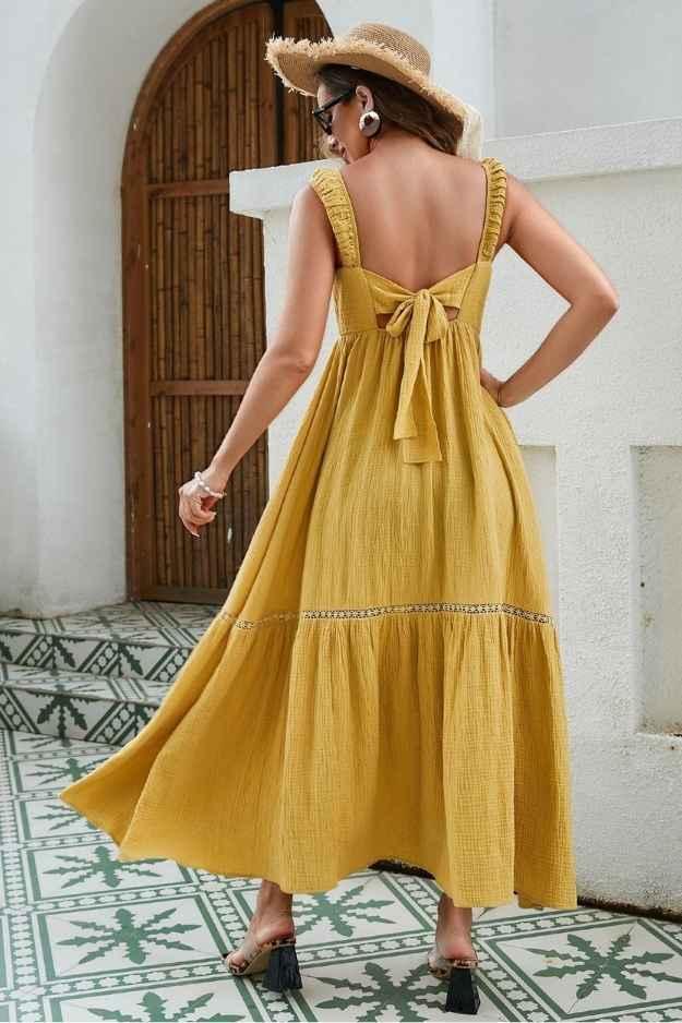 Women's Textured Cotton Maxi Dress - Elastic Smocked Front, Bow-Tie Back, And Lace Trimmed Hem In Elegant Yellow-Green-White