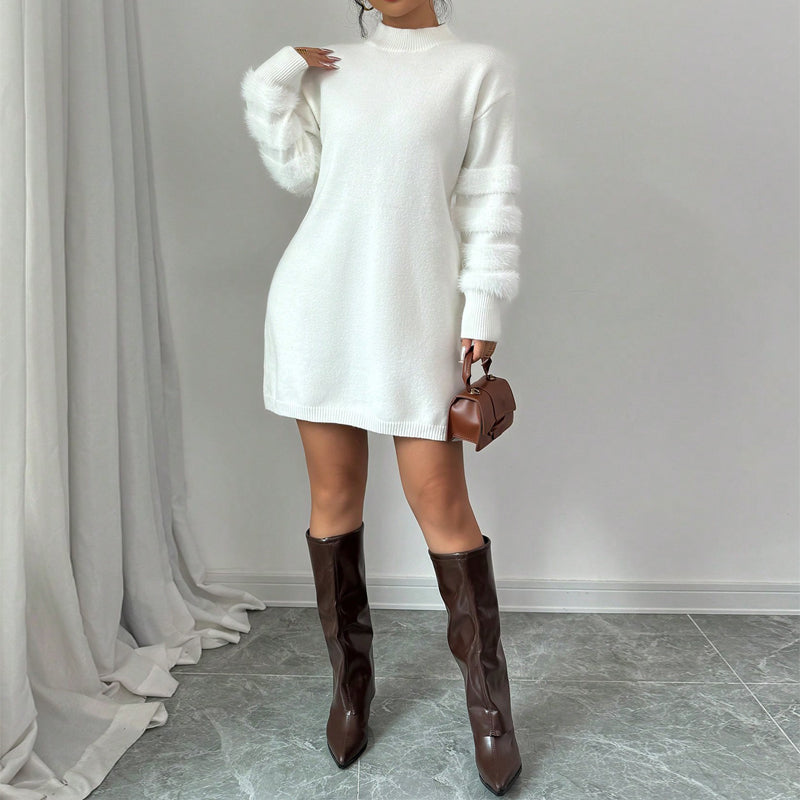 Plush Faux Fur Trim Mini Dress