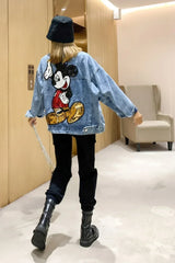 Oversized Cartoon-Embroidered Denim Jacket – Trendy and Playful