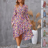 Flowers Print Long Sleeve Dress Fashion Ruffled Commuter Temperament Dresses Womens Clothing-1