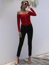 Perfee Decorative Button Off-Shoulder Long Sleeve Bodysuit-4