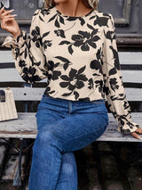 Bow Back Printed Round Neck Flounce Sleeve Blouse-4