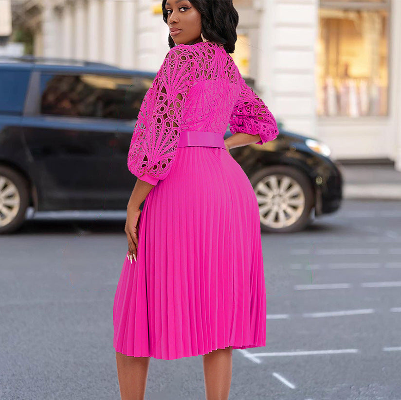 Lace Stitching Pleated Hollow-out Plus Size African Dress