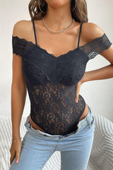 Perfee Lace Cold-Shoulder Bodysuit-Black-1