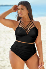 Full Size Halter Neck Crisscross Ruched Two-Piece Swimsuit-Black-1