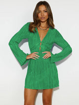 Tied Plunge Flare Sleeve Mini Dress-Green-1