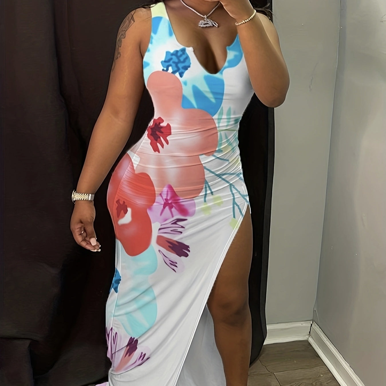 Ladies’ V-Neck Floral Print Long Skirt with Thigh Slit | Figure-Hugging Elegance