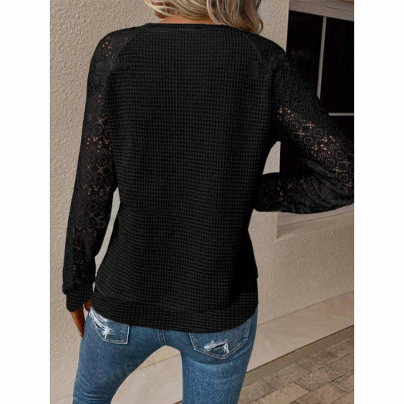 Lace Waffle Knit Long Sleeve Top