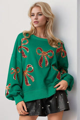 Double Take Christmas Bow Sequin Round Neck Dropped Shoulder Sweatshirt-Dark Green-1