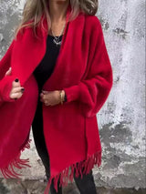 Women's Knitted Batwing Sleeve Cardigan – Fashion Loose Tassel Shawl | Cozy & Stylish Outwear-Red-5