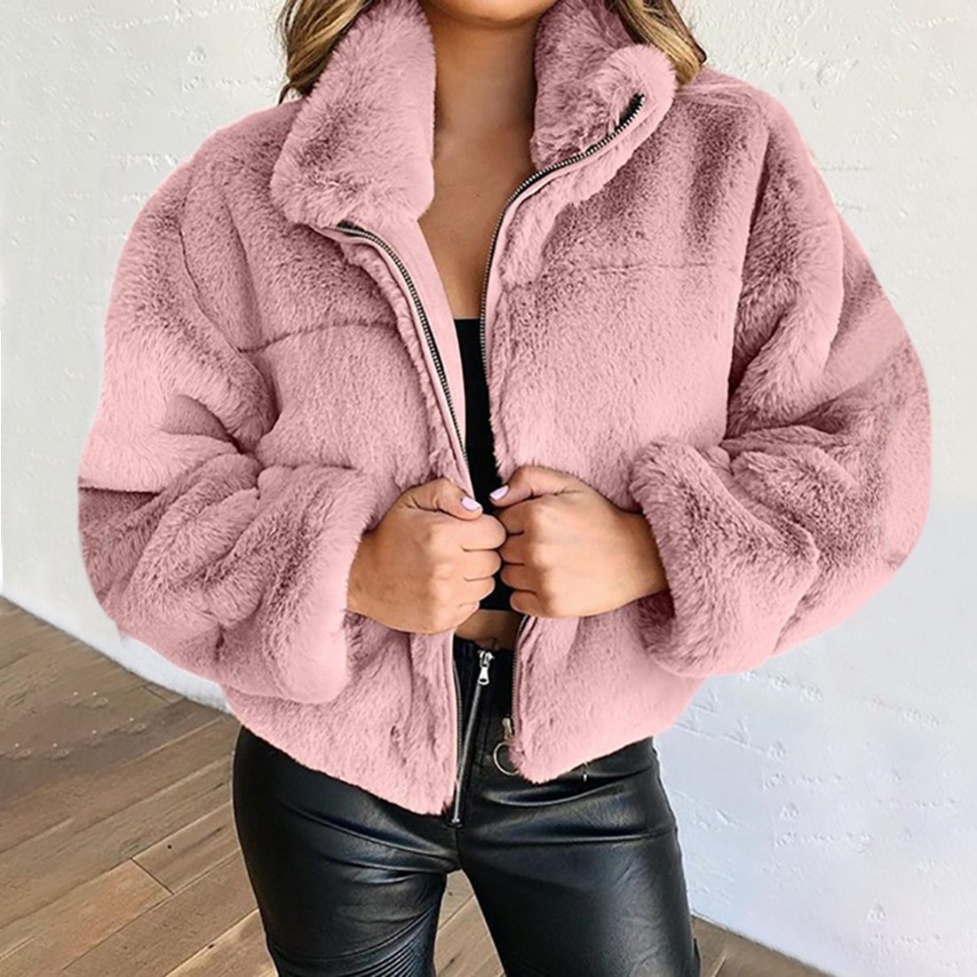 Plush Stand Collar Short Coat