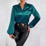 Satin V-Neck Puff Sleeve Blouse