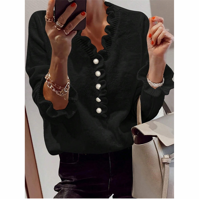 Ruffle Knit V-Neck Pullover