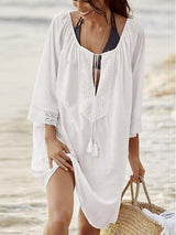 Lace Detail Tie Neck Three-Quarter Sleeve Cover Up-White-1