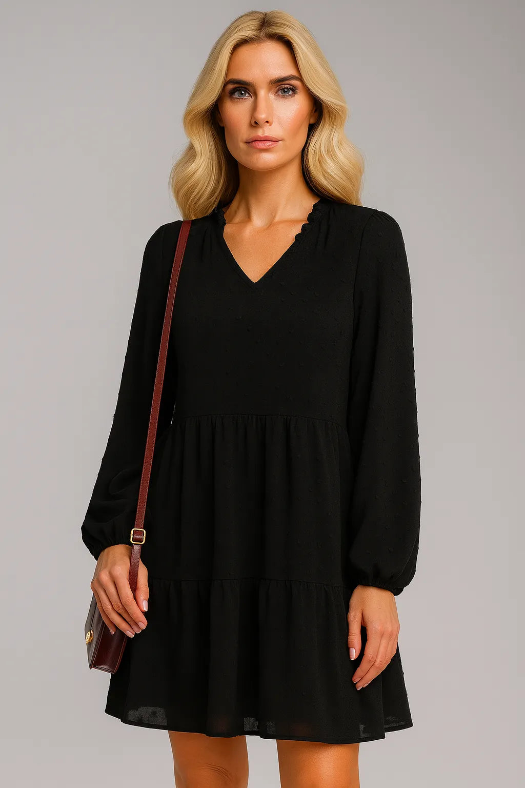 Sifon hosszú ujjú V-nyakú A-vonalú eredeti ruha