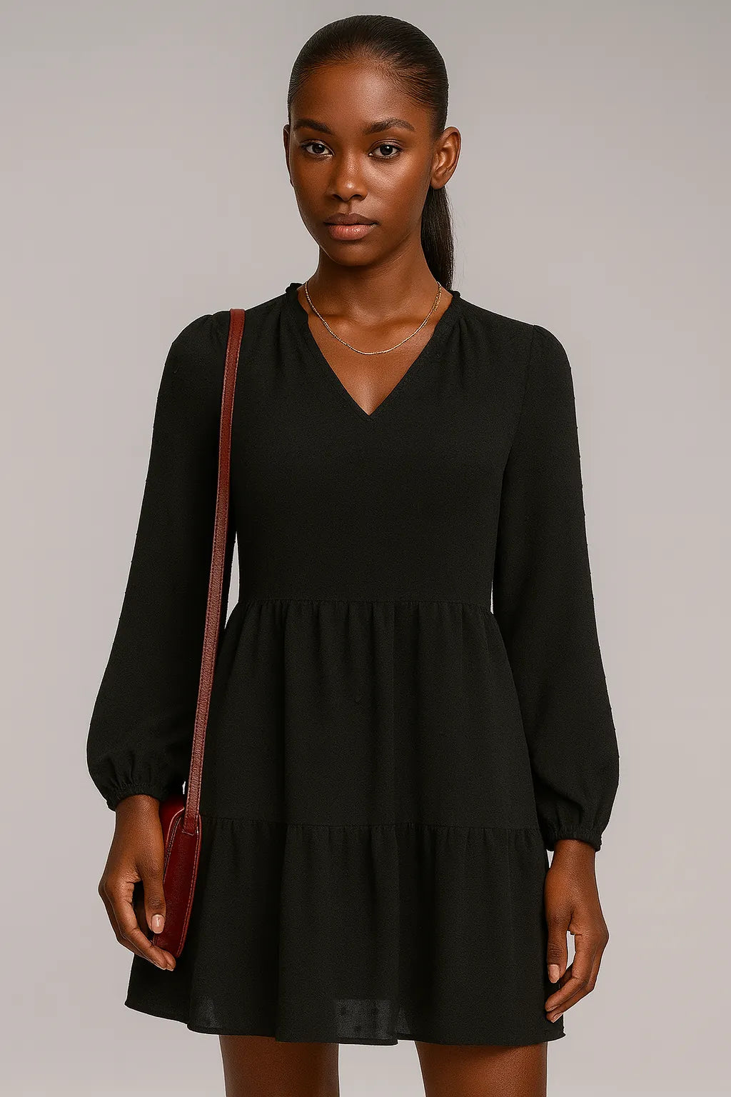 Sifon hosszú ujjú V-nyakú A-vonalú eredeti ruha