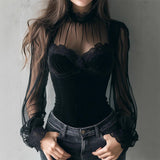 Lace Trim Lantern Sleeve Blouse