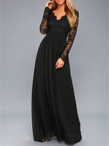 Lace Detail Backless Long Sleeve Maxi Dress-Black-1