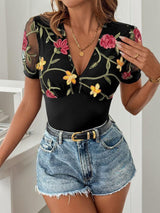 Perfee Embroidered V-Neck Floral Bodysuit-4