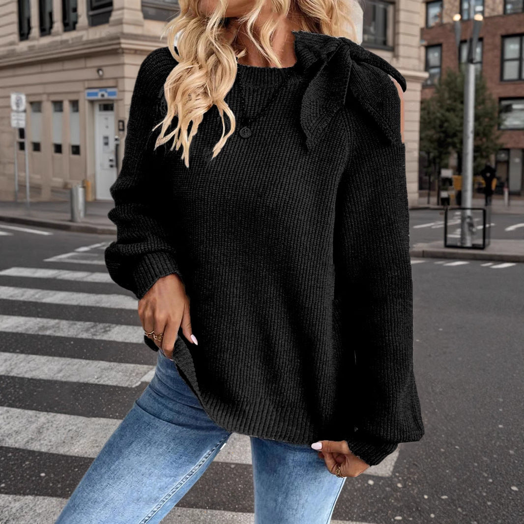 Bow Shoulder Cut-Out Knit Sweater