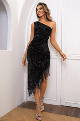 Sequin Asymmetrical Fringe Hem One-Shoulder Dress-Black-1