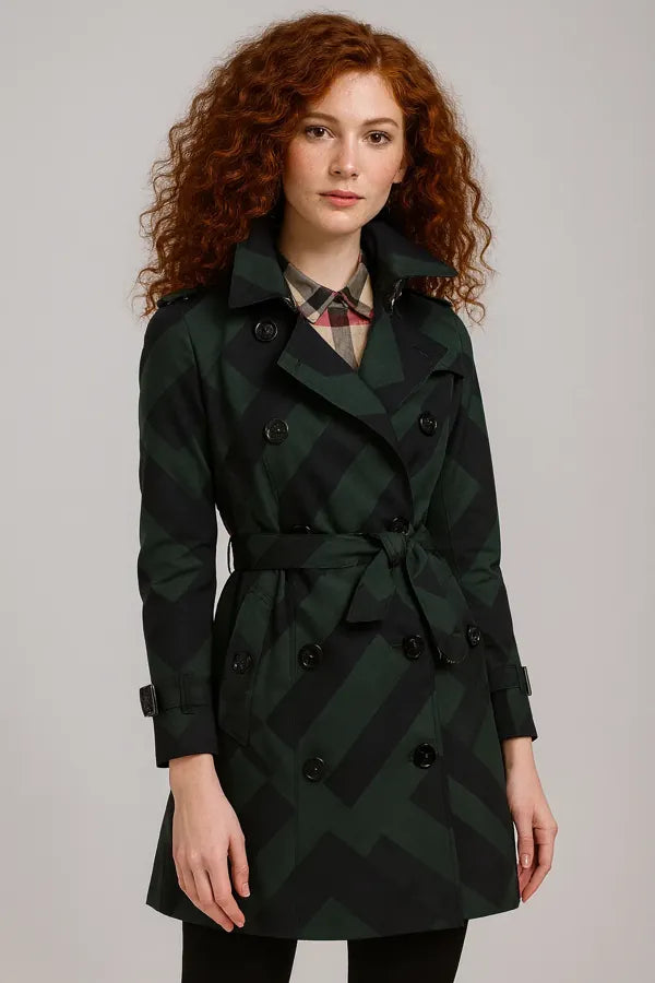 Dark green patterned trench coat for women - stylish belted outerwear for fall fashion