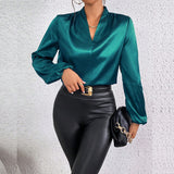 Satin V-Neck Puff Sleeve Blouse