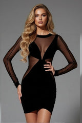 Sexy black mesh panel mini dress with long sleeves and bodycon fit for women