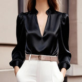 Satin V-Neck Slim Blouse