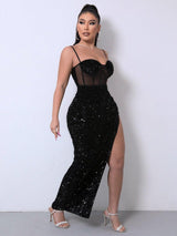 Sequin Spliced Mesh Adjustable Strap Dress-3