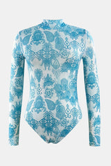 Printed Mock Neck Long Sleeve One-Piece Swimwear-6