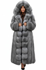 Luxury long grey faux fur coat with hood for women – chic winter fashion statement USA 4