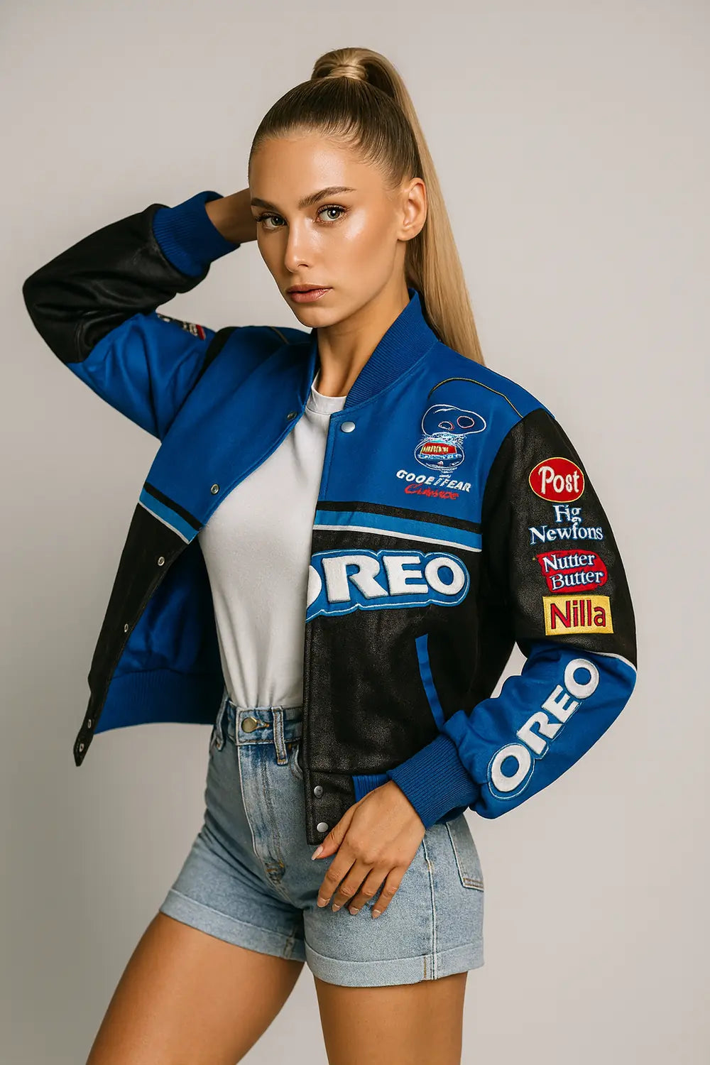 Women's blue and black racing jacket with Oreo and sponsor patches – sporty streetwear