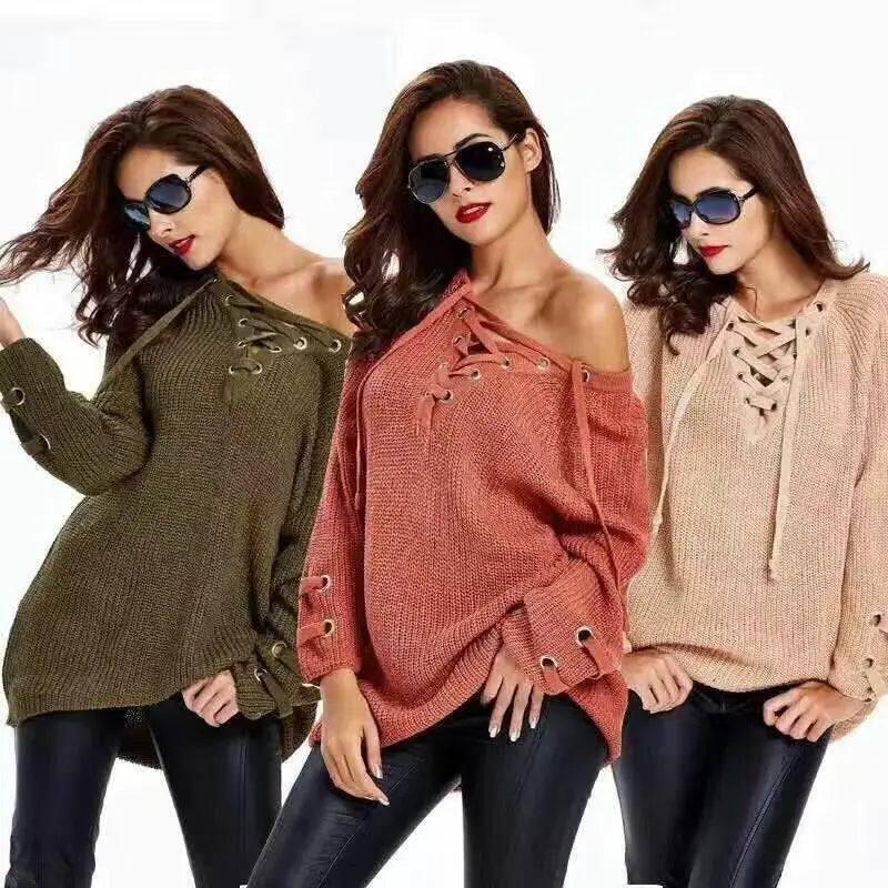 Women Sweater woman Sweaters V Neck Lace Up-3