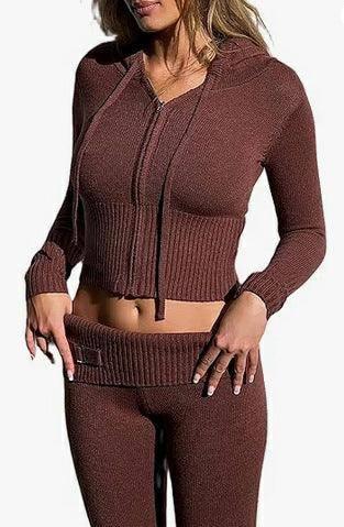 2pcs Knitted Hooded Suits Women's Long-sleeved Cardigan And High Waisted Trousers Clothing-Brown-9