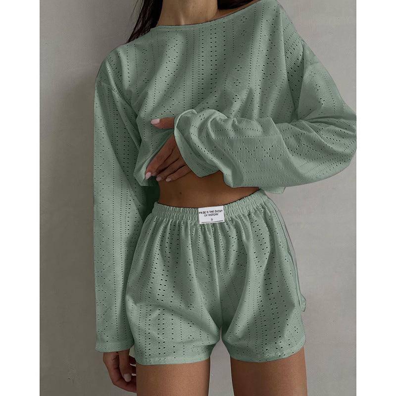 2pcs Women's Suit Long Sleeve Pullover Top And Shorts-Green-5