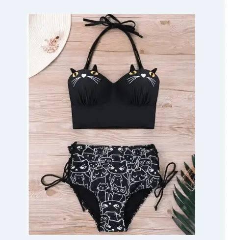 3D Beautiful Cats Print Waist Women High Bikini Swimwear-Black-3