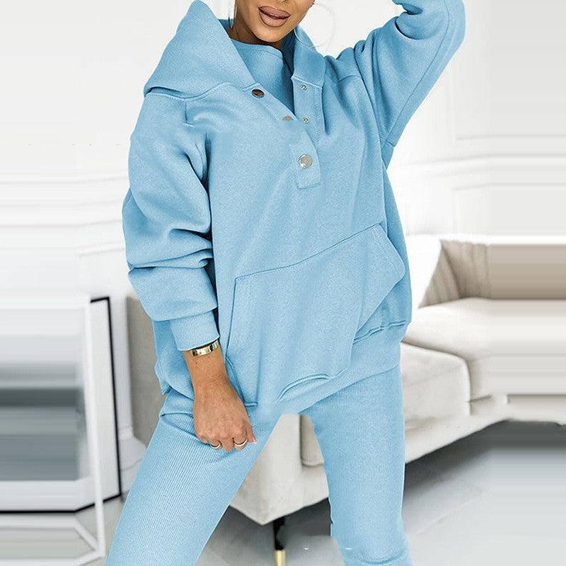 3pcs Women's Sports Suit Loose Hooded Pockets Sweatshirt And Vest And Slim Trousers-Light Blue-11