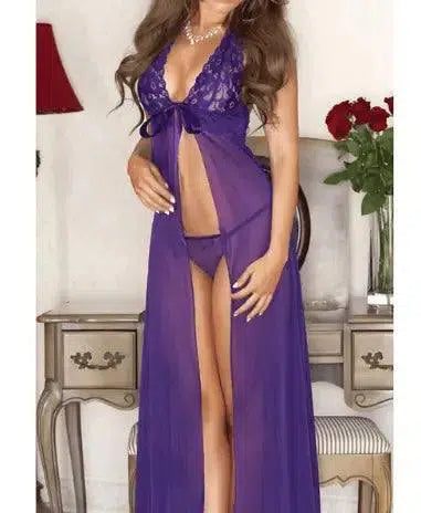 alter lace maxi skirt front slitty pajamas lingerie-Purple-1