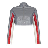 American Street Style Motorcycle Contrast Color Stand-up Collar Jacket-Gray Coat-2