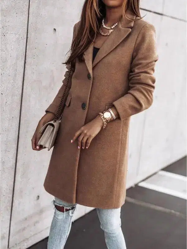 Autumn and winter simple long-sleeved button Nizi coat coat-Khaki-3