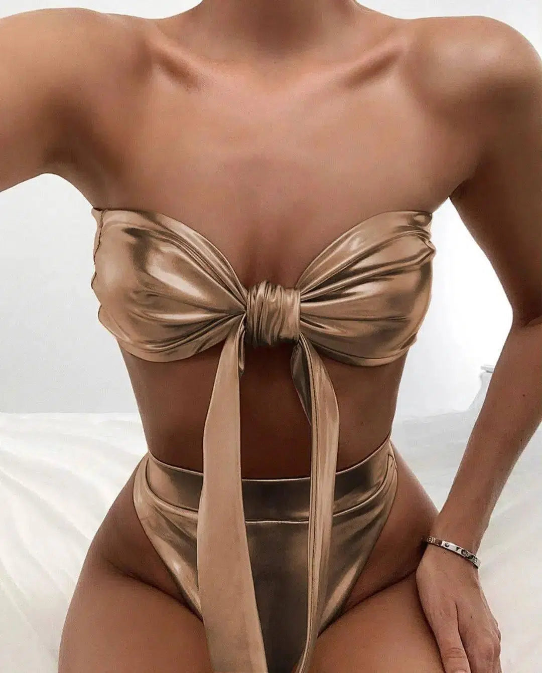 Bikini bow high waist split swimsuit sexy-Browngold-1